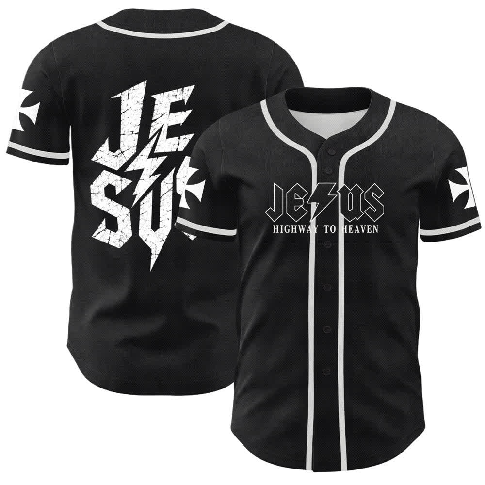 Christianartworkshop Jesus Highway To Heaven Distressed Black Baseball Jersey - White - 5XL - image 0