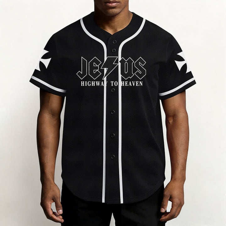 Christianartworkshop Jesus Highway To Heaven Distressed Black Baseball Jersey - image 6