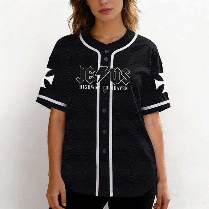 Christianartworkshop Jesus Highway To Heaven Distressed Black Baseball Jersey - image 4