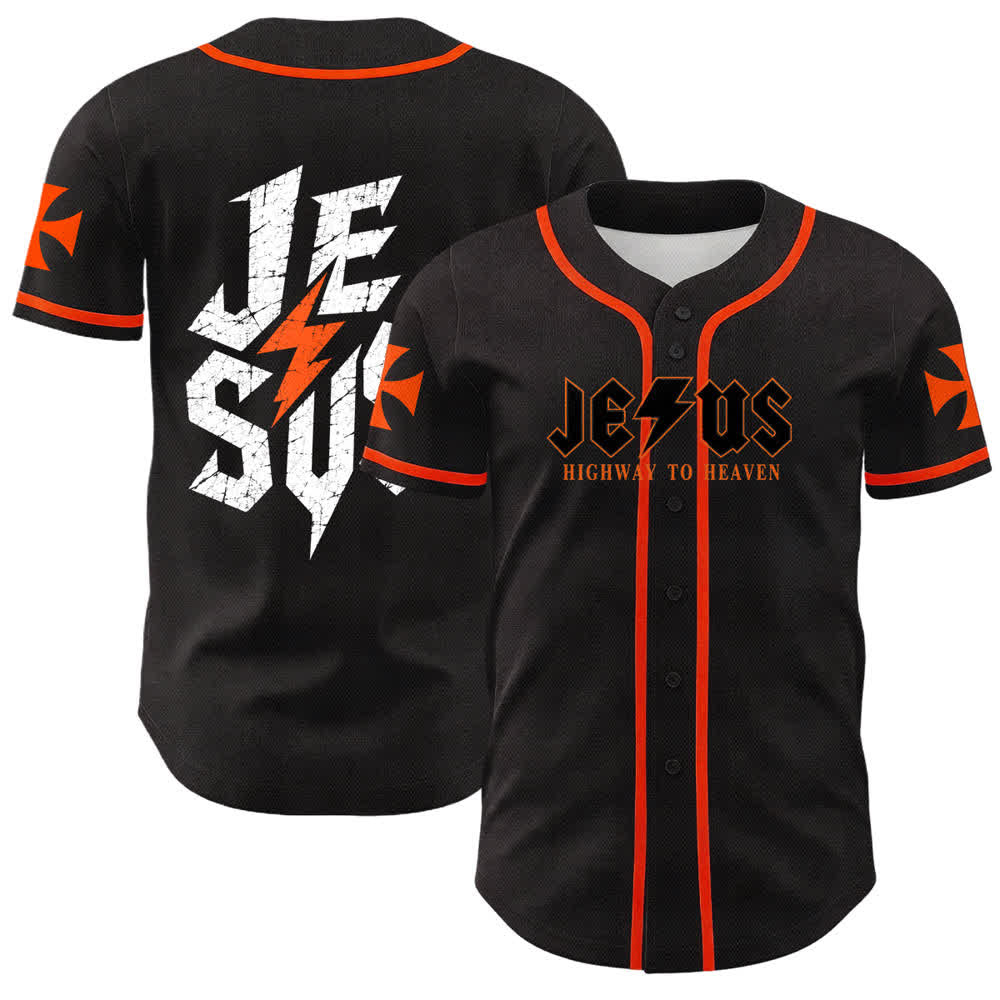 Christianartworkshop Jesus Highway To Heaven Distressed Black Baseball Jersey - Orange - 5XL - image 21