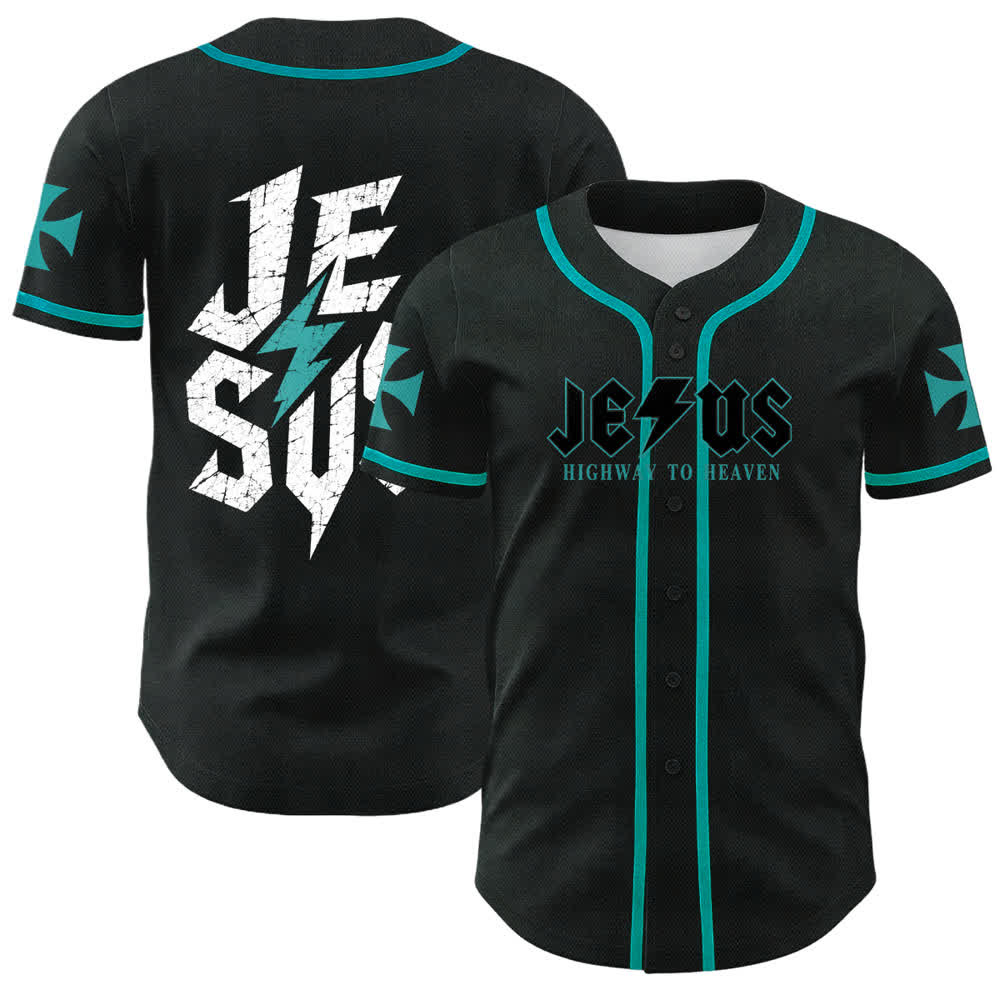 Christianartworkshop Jesus Highway To Heaven Distressed Black Baseball Jersey - Lake Blue - 5XL - image 28