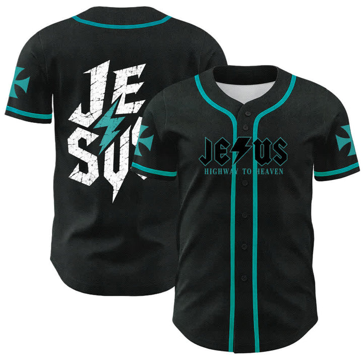 Christianartworkshop Jesus Highway To Heaven Distressed Black Baseball Jersey - Lake Blue - 5XL - image 28