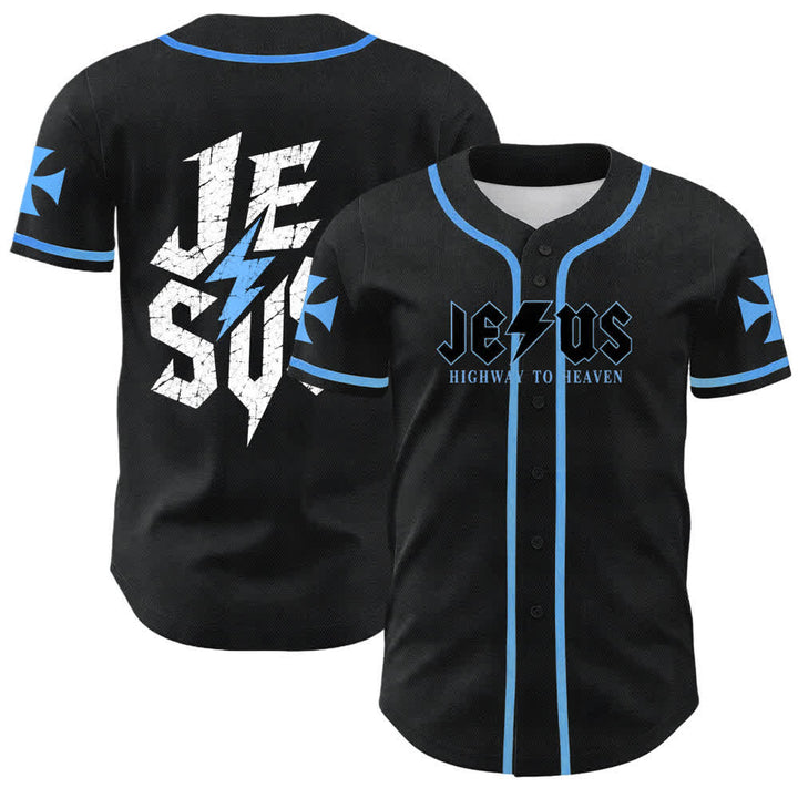 Christianartworkshop Jesus Highway To Heaven Distressed Black Baseball Jersey - Sky Blue - 5XL - image 35