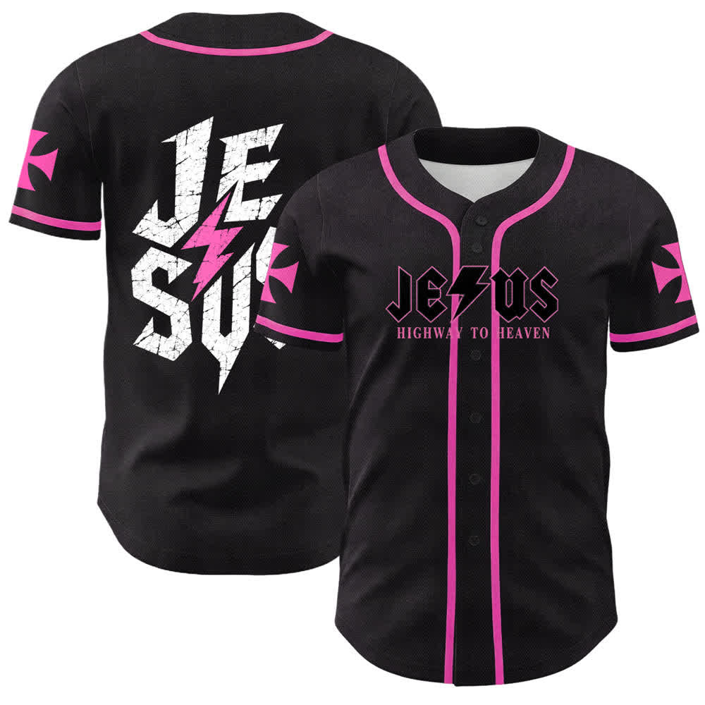 Christianartworkshop Jesus Highway To Heaven Distressed Black Baseball Jersey - Pink - 5XL - image 42