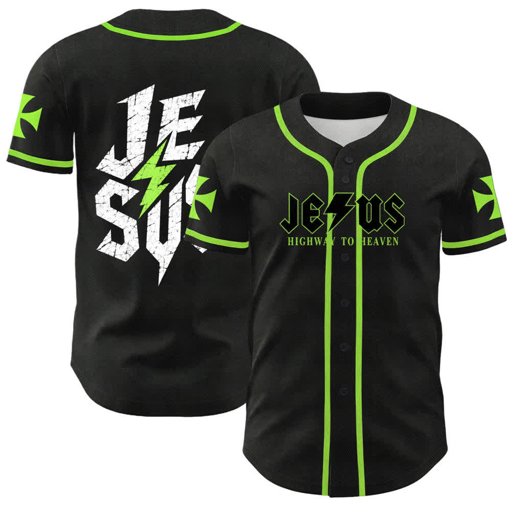 Christianartworkshop Jesus Highway To Heaven Distressed Black Baseball Jersey - Green - 5XL - image 49