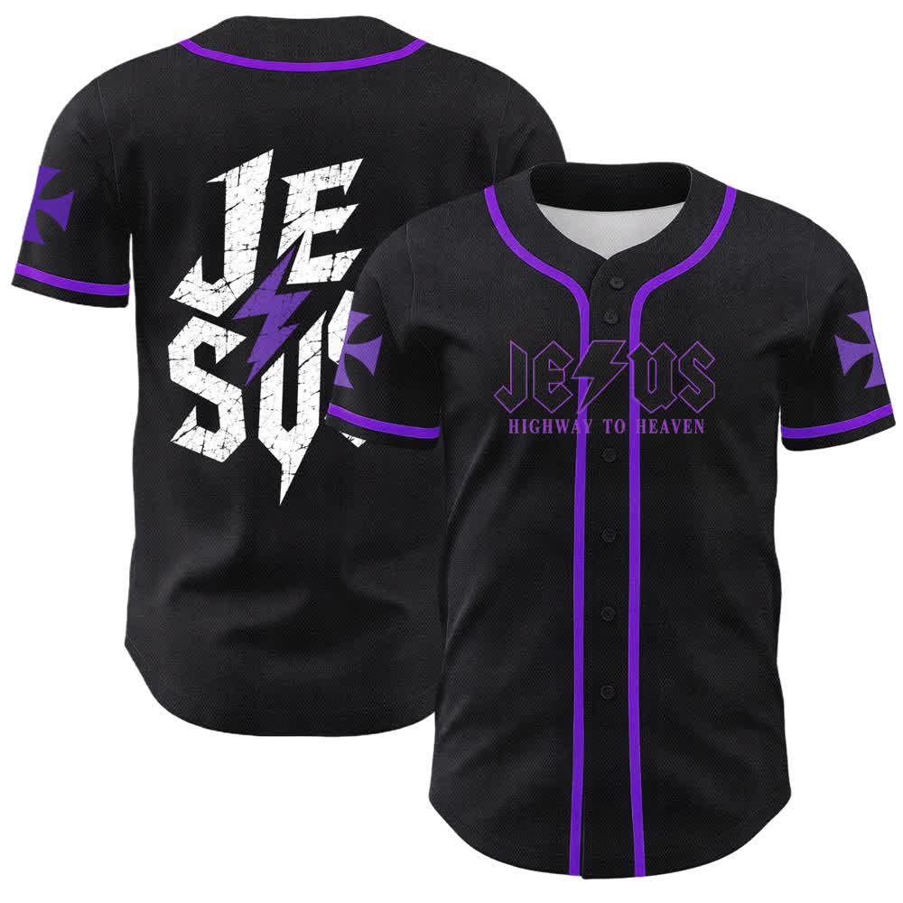 Christianartworkshop Jesus Highway To Heaven Distressed Black Baseball Jersey - Purple - 5XL - image 56