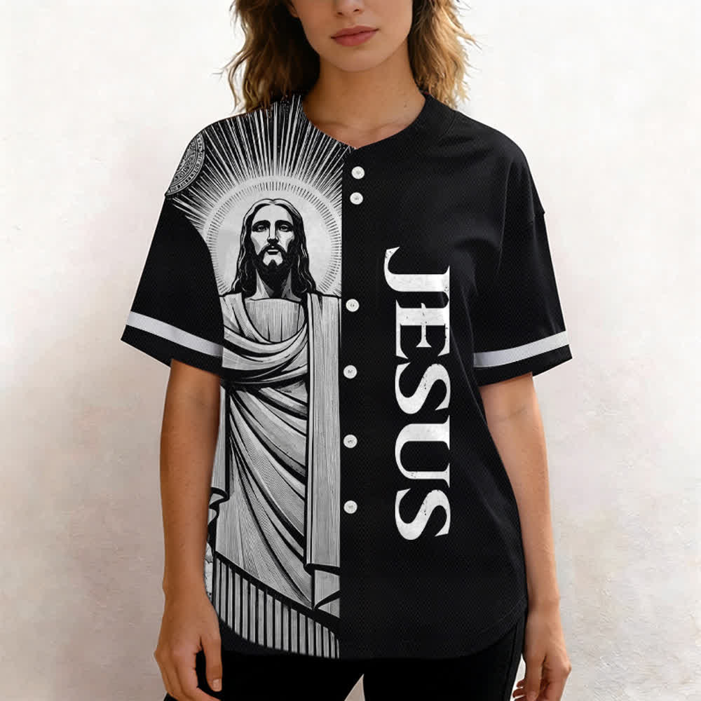 Christianartworkshop Monochrome Jesus Halo Street Baseball Jersey - image 4