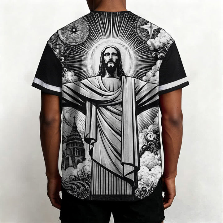 Christianartworkshop Monochrome Jesus Halo Street Baseball Jersey - image 5