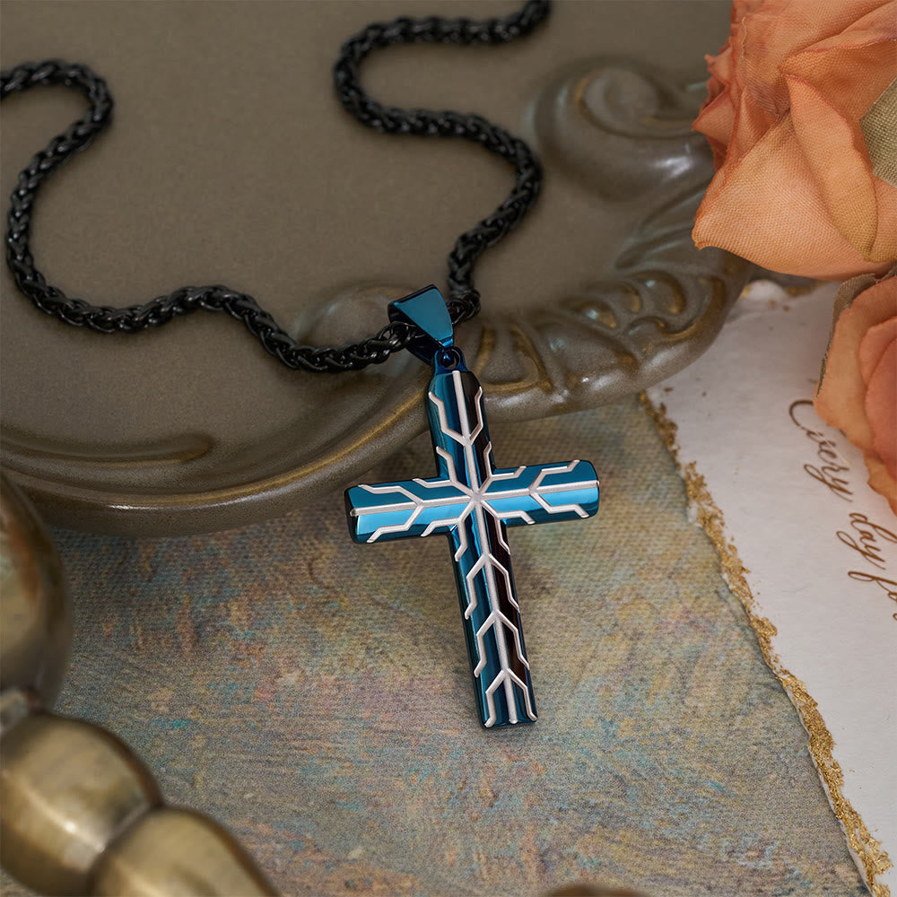 Christianartworkshop Gloss Golden & Blue Lightning Pattern Engraved Cross Pendant Necklace: Timeless Emblem of Gentle Heavenly Guardianship - Blue - image 5