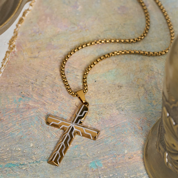 Christianartworkshop Gloss Golden & Blue Lightning Pattern Engraved Cross Pendant Necklace: Timeless Emblem of Gentle Heavenly Guardianship - image 4