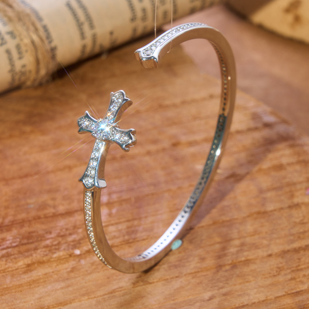 Christianartworkshop Slim Paved Stone Cross Cuff Bangle: Emblem of Soft Divine Serenity - Silver - image 3