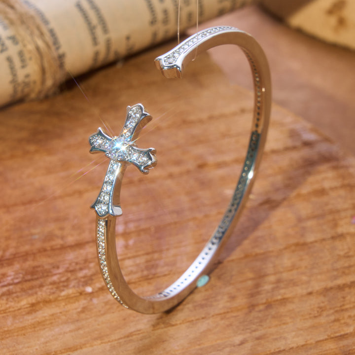 Christianartworkshop Slim Paved Stone Cross Cuff Bangle: Emblem of Soft Divine Serenity - Silver - image 3