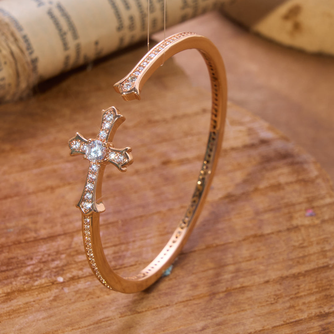 Christianartworkshop Slim Paved Stone Cross Cuff Bangle: Emblem of Soft Divine Serenity - Champagne - image 1