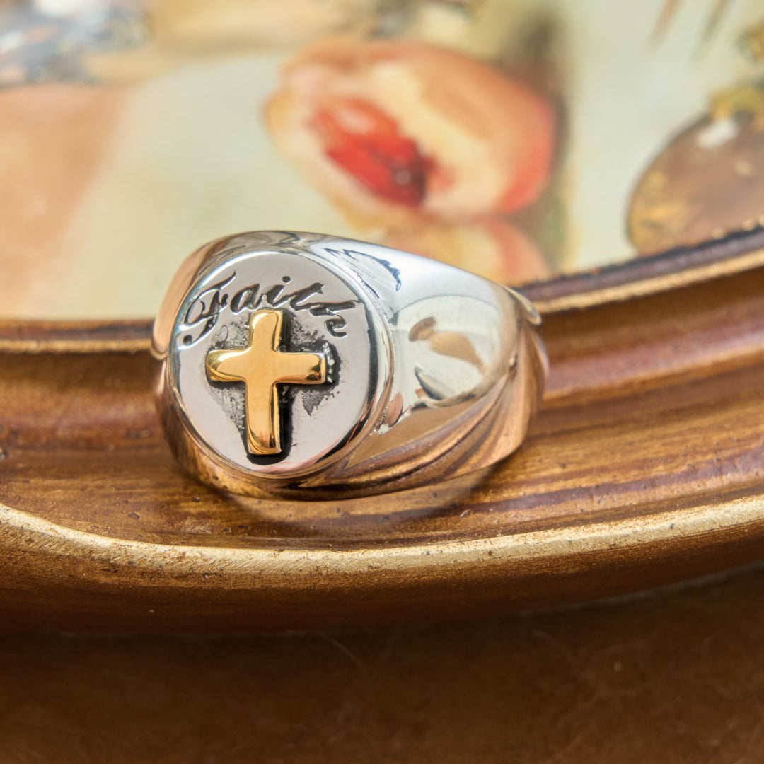 Christianartworkshop Relief Motif Signet Ring Cross And Dove Charms: Emblem of Serene Divine Inspiration - image 2