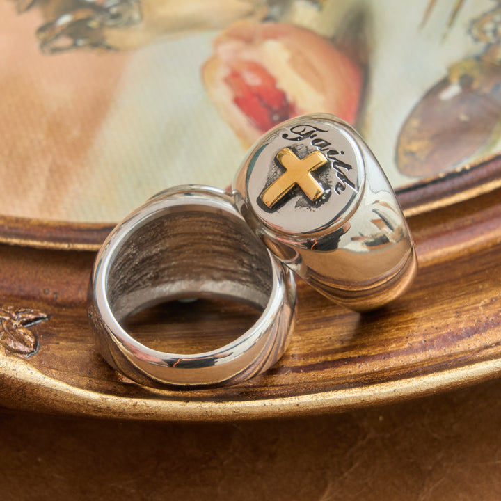 Christianartworkshop Relief Motif Signet Ring Cross And Dove Charms: Emblem of Serene Divine Inspiration - Cross - US 12 - image 1