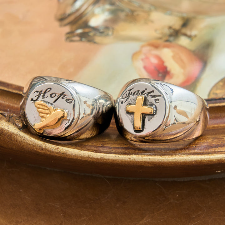 Christianartworkshop Relief Motif Signet Ring Cross And Dove Charms: Emblem of Serene Divine Inspiration - image 0