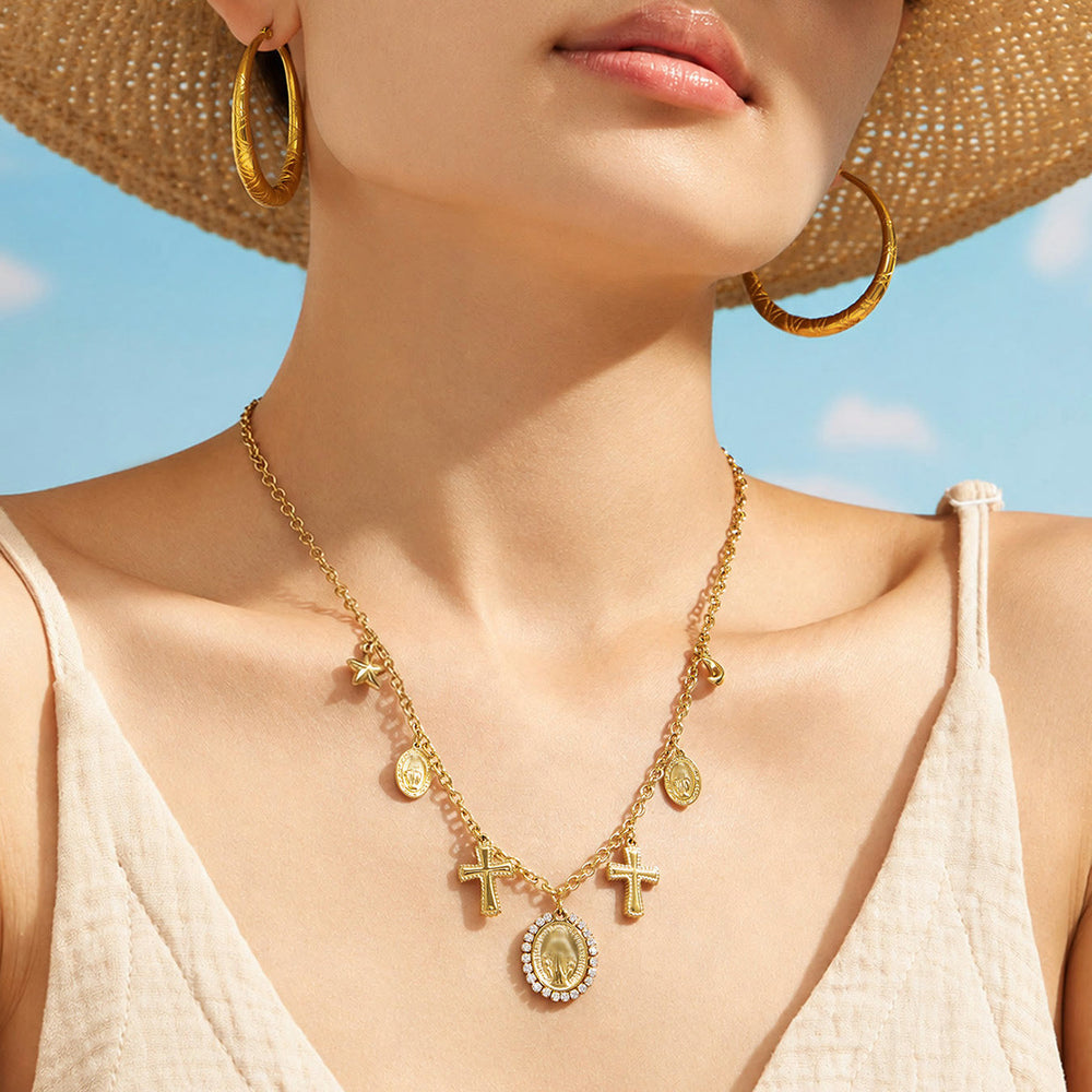 Christianartworkshop Vintage Mary & Cross Charm Choker Necklace: Emblem of Soft Sacred Radiance - image 1