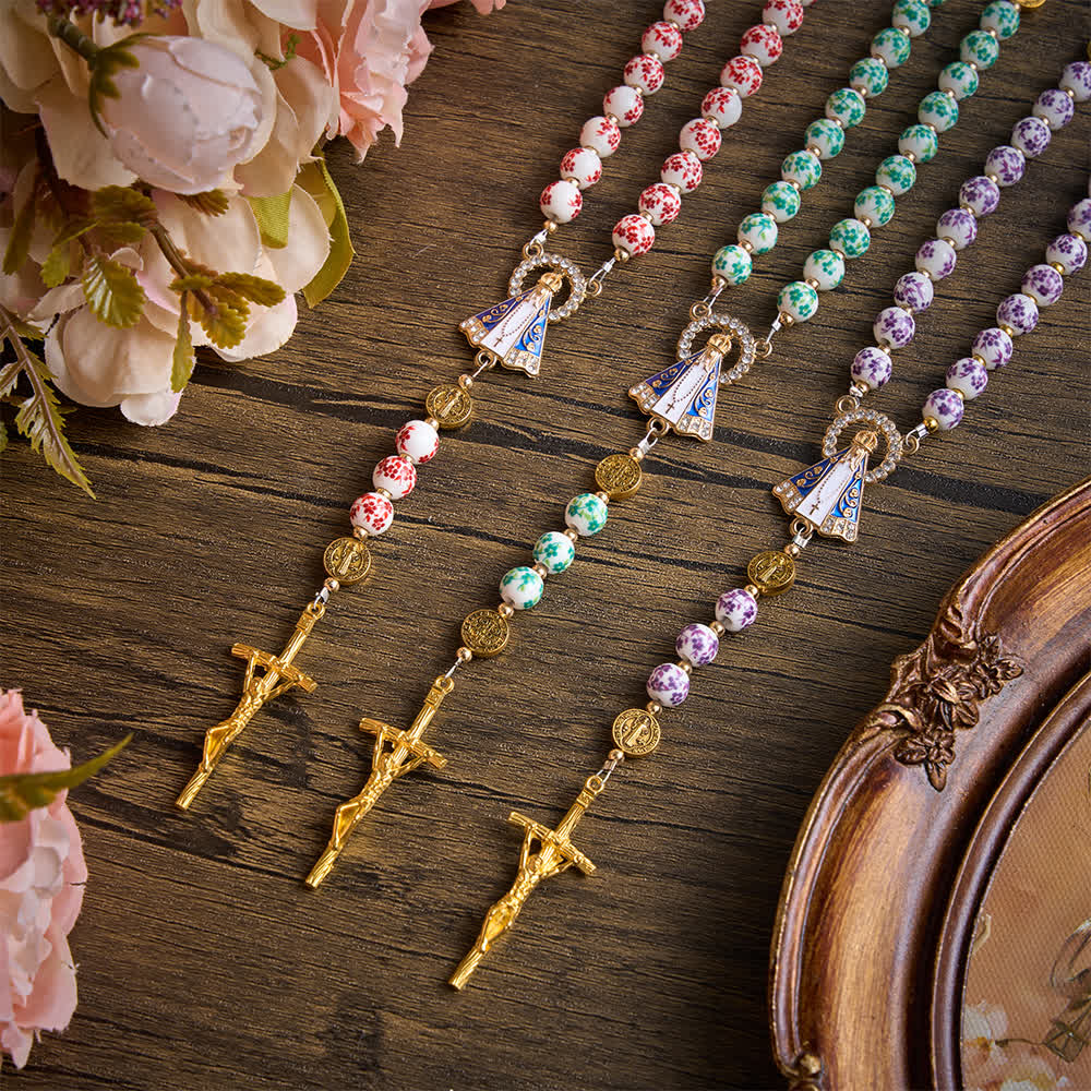 Christianartworkshop Three-Styled Vintage Floral‑Print Porcelain Rosary & Our Lady Of Aparecida Charm - image 1