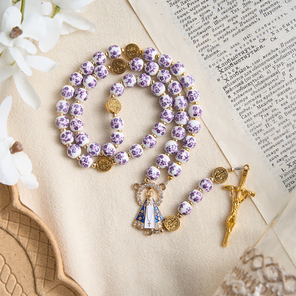 Christianartworkshop Three-Styled Vintage Floral‑Print Porcelain Rosary & Our Lady Of Aparecida Charm - Purple - image 0