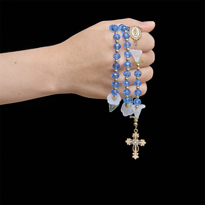 Christianartworkshop Translucent Blue Glass Lily Rosary With Pearl‑Adorned Cross: Emblem Of Pure Heavenly Serenity - image 1