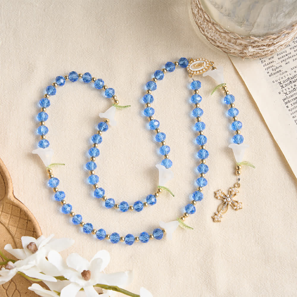 Christianartworkshop Translucent Blue Glass Lily Rosary With Pearl‑Adorned Cross: Emblem Of Pure Heavenly Serenity - image 3
