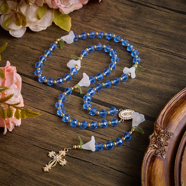 FREE Today: Translucent Blue Glass Lily Rosary With Pearl‑Adorned Cross: Emblem Of Pure Heavenly Serenity - Blue Glass Lily Rosary - image 0
