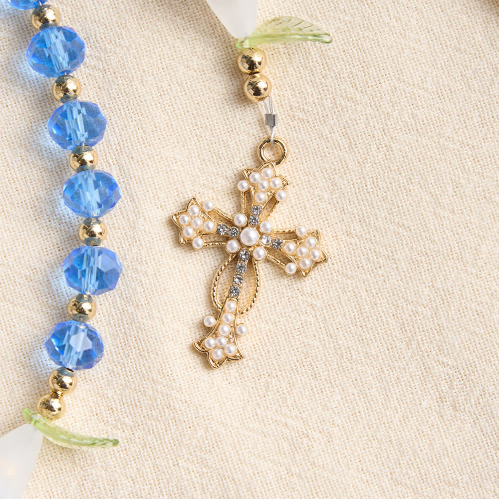 Christianartworkshop Translucent Blue Glass Lily Rosary With Pearl‑Adorned Cross: Emblem Of Pure Heavenly Serenity - image 7