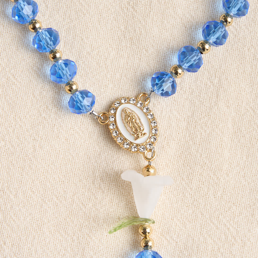 Christianartworkshop Translucent Blue Glass Lily Rosary With Pearl‑Adorned Cross: Emblem Of Pure Heavenly Serenity - image 6