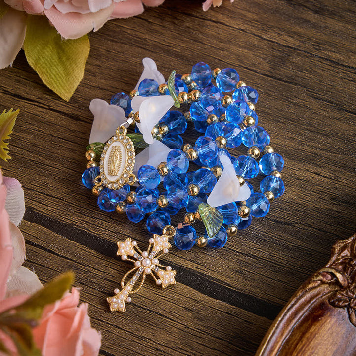 Christianartworkshop Translucent Blue Glass Lily Rosary With Pearl‑Adorned Cross: Emblem Of Pure Heavenly Serenity - image 4