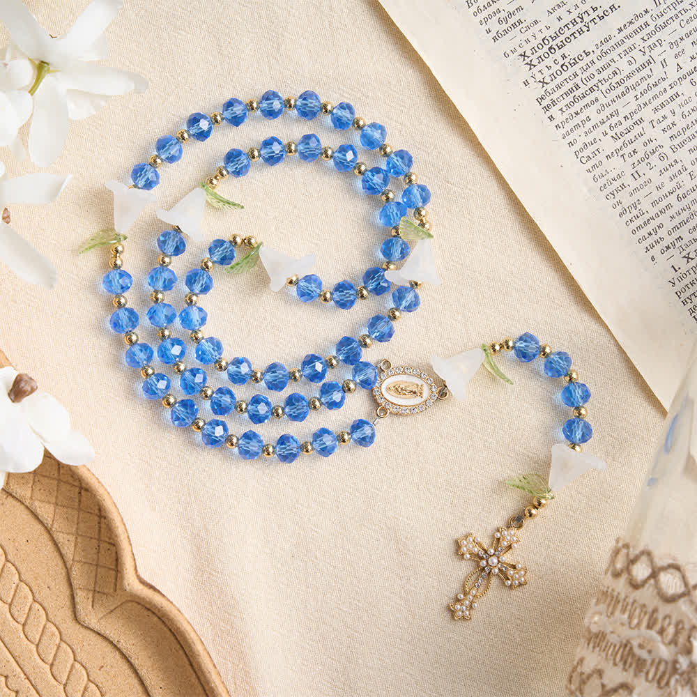 Christianartworkshop Translucent Blue Glass Lily Rosary With Pearl‑Adorned Cross: Emblem Of Pure Heavenly Serenity - image 2