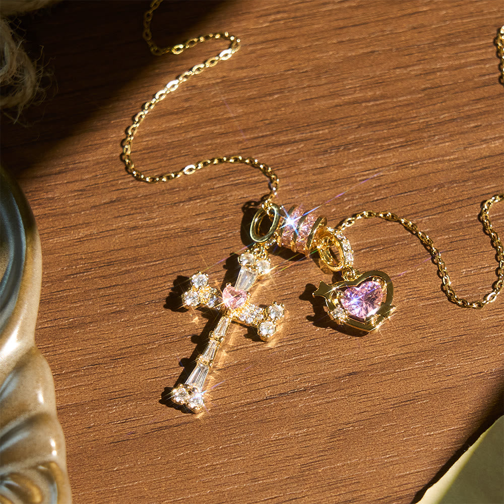 FREE Today: Delicate Paved Crystal Cross Necklace: Emblem of Quiet Celestial Safeguard - Golden&Sacred Heart - image 2