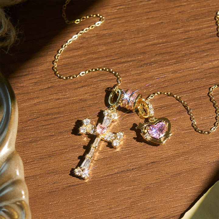 FREE Today: Delicate Paved Crystal Cross Necklace: Emblem of Quiet Celestial Safeguard - Golden&Sacred Heart - image 2