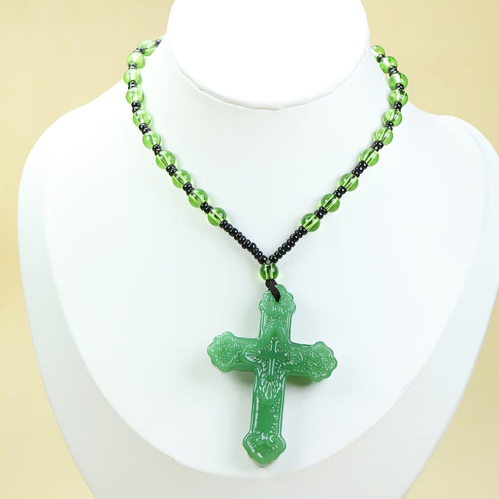 Christianartworkshop Textured Glass Cross Pendant With Beaded Strand: Emblem of Serene Divine Grace - Dark Green - image 5