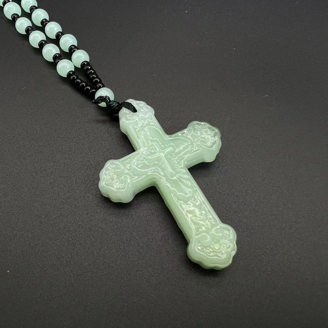 Christianartworkshop Textured Glass Cross Pendant With Beaded Strand: Emblem of Serene Divine Grace - Light Green - image 12