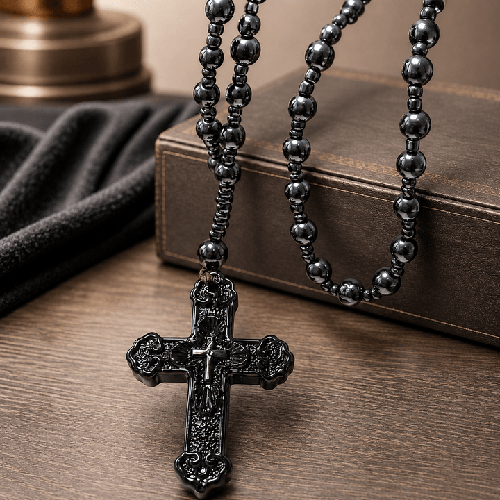 Christianartworkshop Textured Glass Cross Pendant With Beaded Strand: Emblem of Serene Divine Grace - Black - image 0