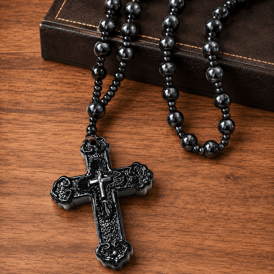 Christianartworkshop Textured Glass Cross Pendant With Beaded Strand: Emblem of Serene Divine Grace - image 1