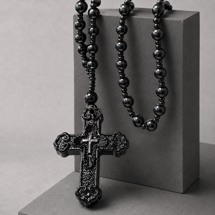 Christianartworkshop Textured Glass Cross Pendant With Beaded Strand: Emblem of Serene Divine Grace - image 2