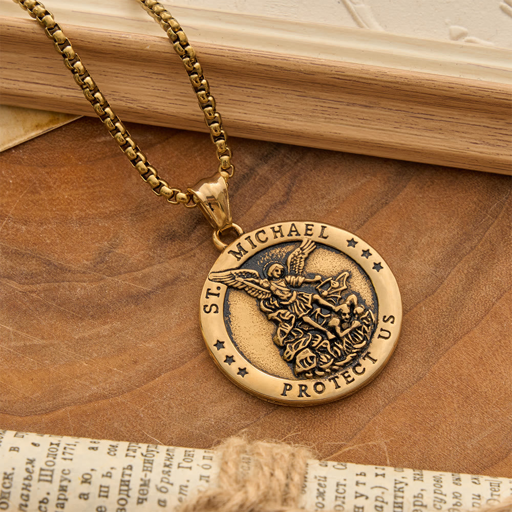Christianartworkshop Classic St. Michael Protect Us Coin Necklace: Token of Abiding Sacred Safeguard - Golden - image 4