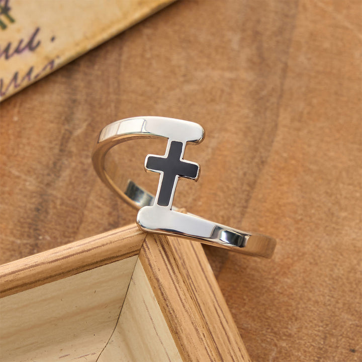 Christianartworkshop Curved Frame Black Inlay Cross Ring: Token of Enduring Celestial Guidance - Silver - US 8 - image 3