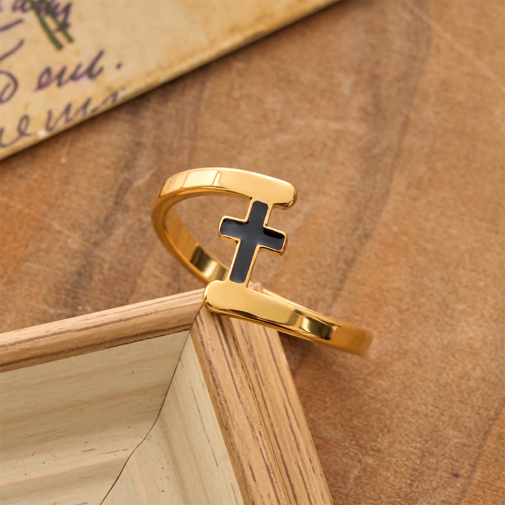 Christianartworkshop Curved Frame Black Inlay Cross Ring: Token of Enduring Celestial Guidance - Golden - US 8 - image 0