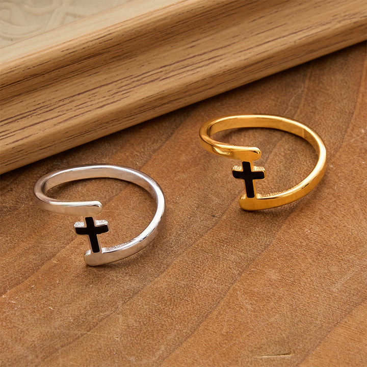 Christianartworkshop Curved Frame Black Inlay Cross Ring: Token of Enduring Celestial Guidance - image 1