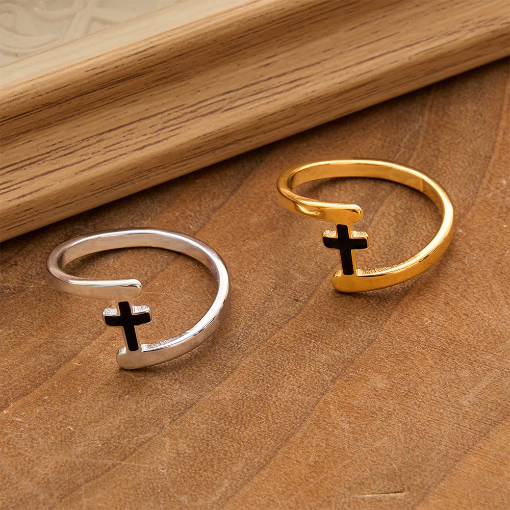 FREE Today: Curved Frame Black Inlay Cross Ring: Token of Enduring Celestial Guidance - image 1