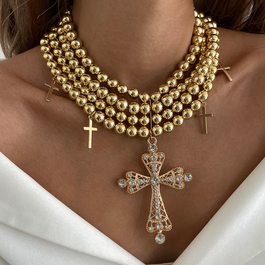 Christianartworkshop Luxe Beaded Statement Choker With Sparkling Cross: Bearer of Calm Heavenly Serenity - Golden - image 0