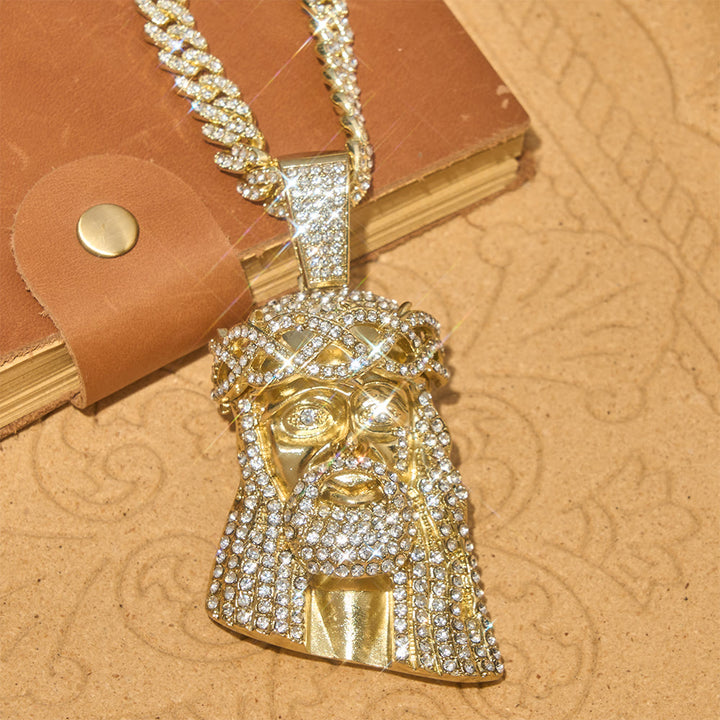 Christianartworkshop Iced‑Out Crown Thorns Jesus Head Pendant Cuban Chain: Emblem of Enduring Divine Fortitude - Golden - 24''/60cm - image 0
