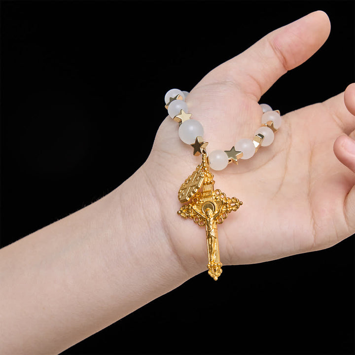 Christianartworkshop Star‑Spaced White Crystal Pocket Rosary With Jerusalem Cross Crucifix: Token Of Gentle Divine Shelter - image 1