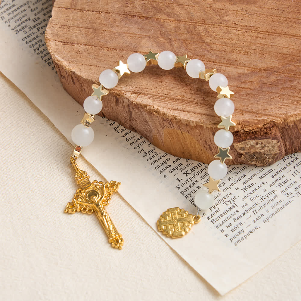 Christianartworkshop Star‑Spaced White Crystal Pocket Rosary With Jerusalem Cross Crucifix: Token Of Gentle Divine Shelter - image 4