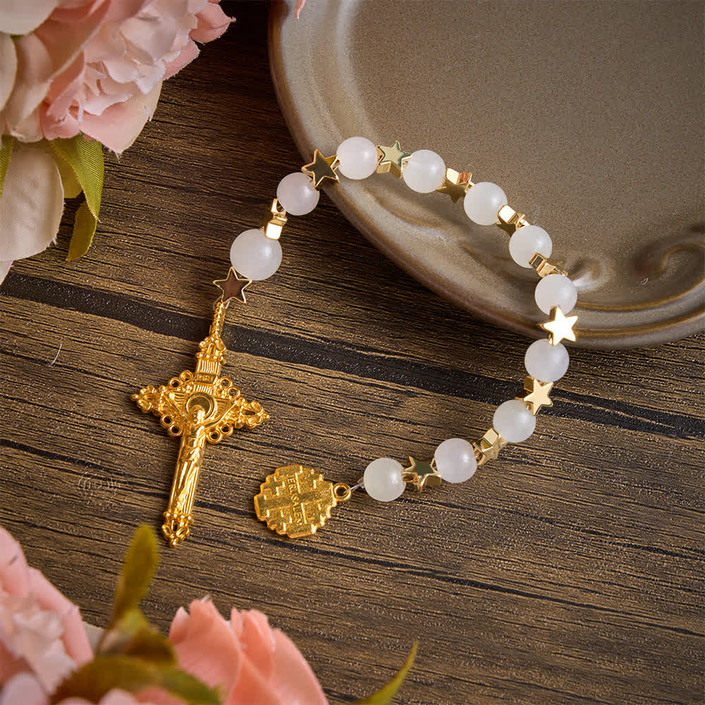 Christianartworkshop Star‑Spaced White Crystal Pocket Rosary With Jerusalem Cross Crucifix: Token Of Gentle Divine Shelter - image 3