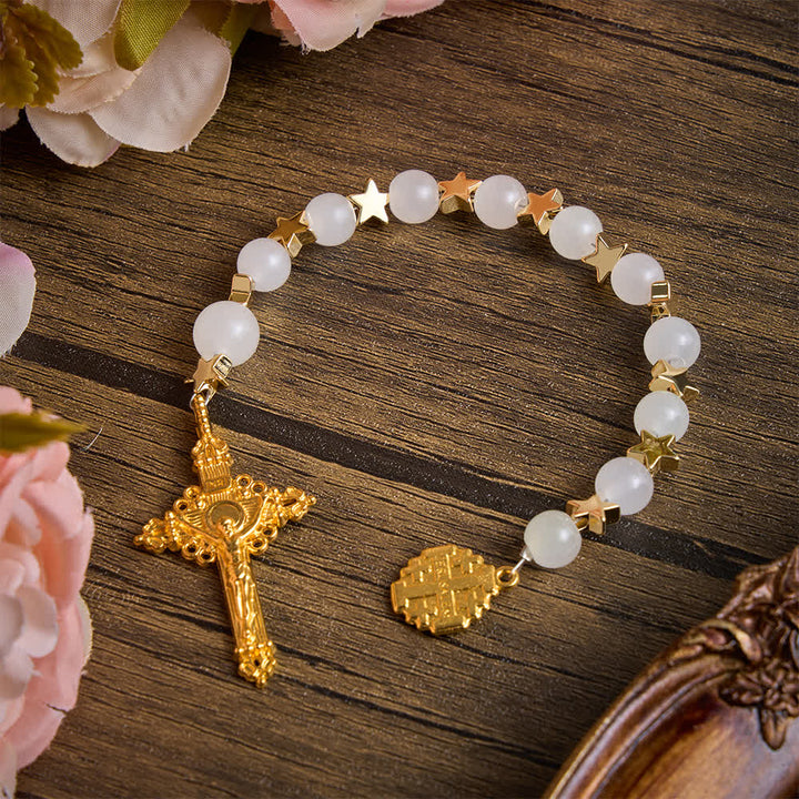 Christianartworkshop Star‑Spaced White Crystal Pocket Rosary With Jerusalem Cross Crucifix: Token Of Gentle Divine Shelter - White Crystal Pocket Rosary - image 0