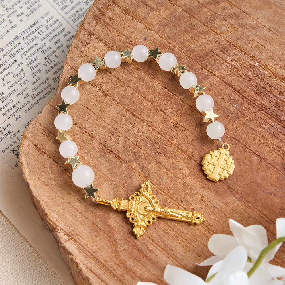 Christianartworkshop Star‑Spaced White Crystal Pocket Rosary With Jerusalem Cross Crucifix: Token Of Gentle Divine Shelter - image 2