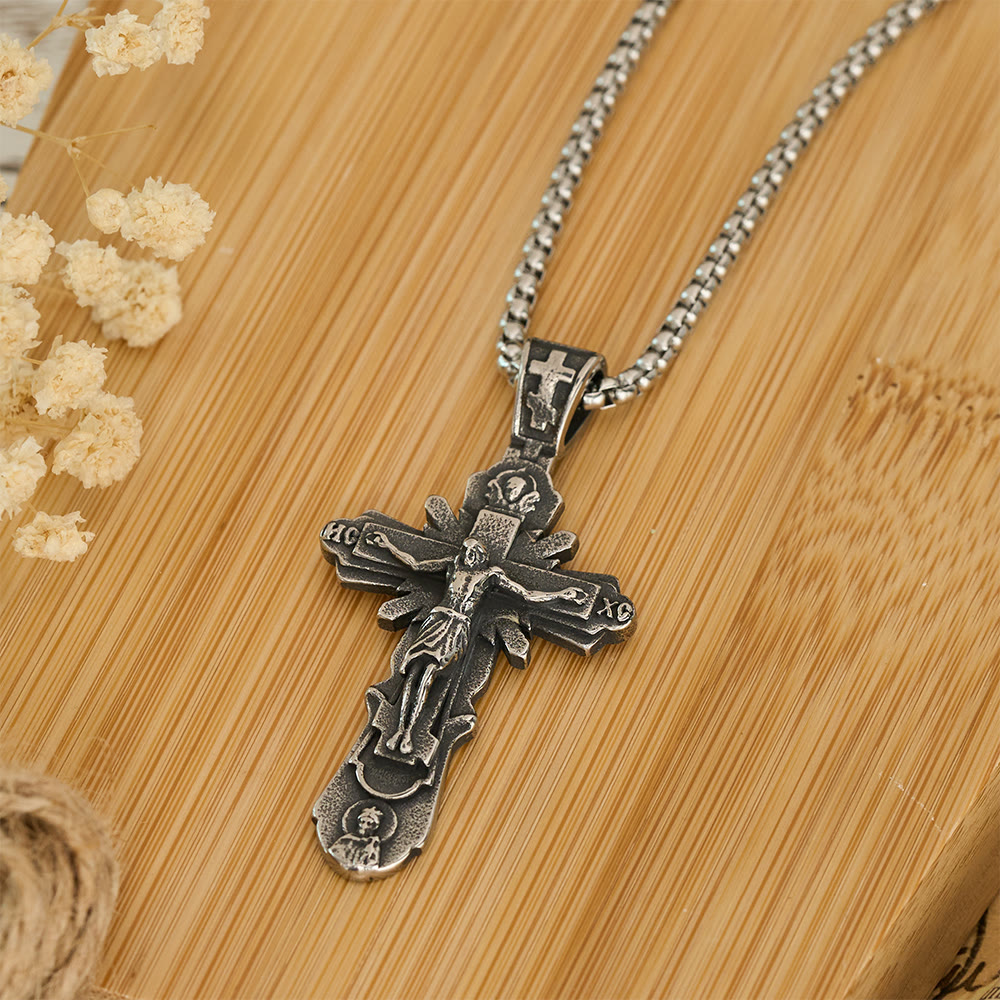 Christianartworkshop Embossed Figure Crucifix Pendant Necklace: Token of Abiding Sacred Shelter - image 1